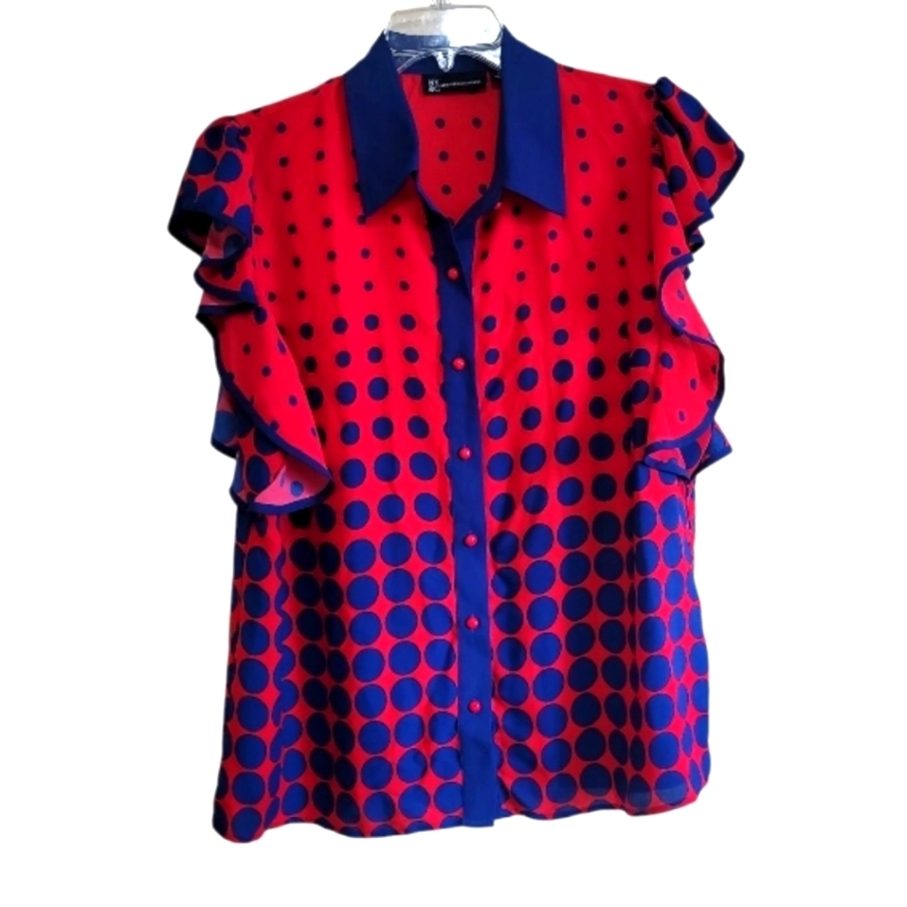 NY & Company Women Blue And Red Polka Dot Ruffle Sleeve Bouse Size Xlarge